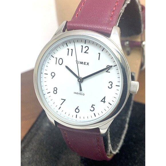 Timex Women's Watch TW2V36100 Indiglo Quartz Silver Dial Burgundy Leather 33mm - Picture 1 of 15
